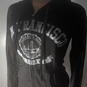 Passion-1 Black & white San Francisco zip-up hoodie with mesh sleeves with croch